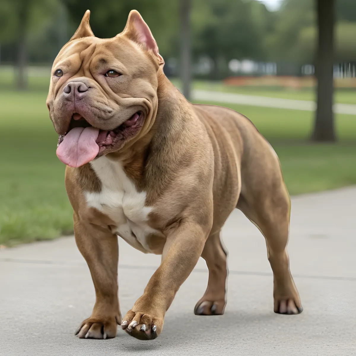 A muscular brown and white American Bully dog walks on a paved path in a park, tongue out and ears upright.