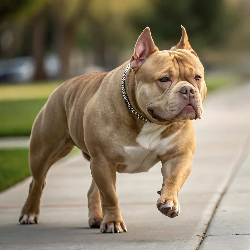 A muscular fawn American Bully confidently strides along a sidewalk, wearing a silver chain collar.
